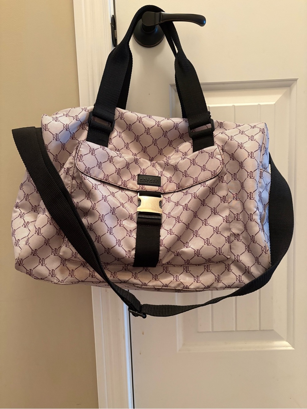 Ralph Lauren Light Pink RL Print Travel Tote with Black Straps